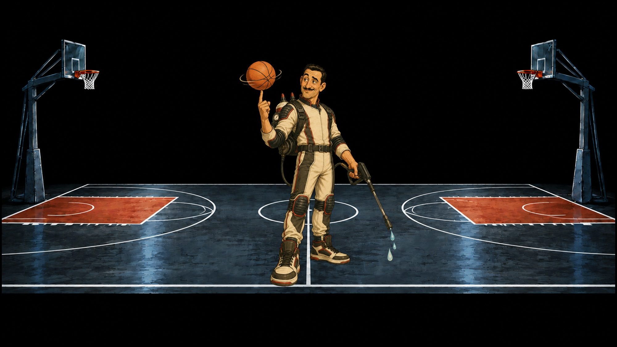 Full Court Pressure Washing mascot in a pressure-washing suit, spinning a basketball on a lit basketball court