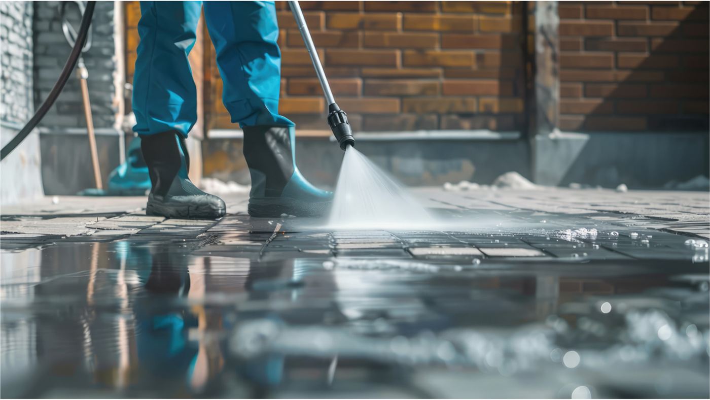 Pressure washing wand spraying a paver patio clean