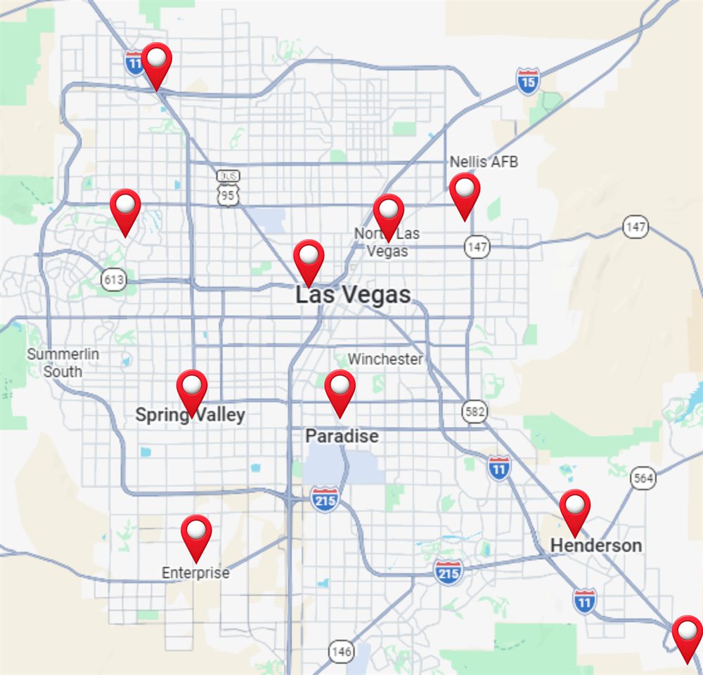 Map of the Las Vegas metropolitan area with pins on the neighborhoods Full Court Pressure Washing serves